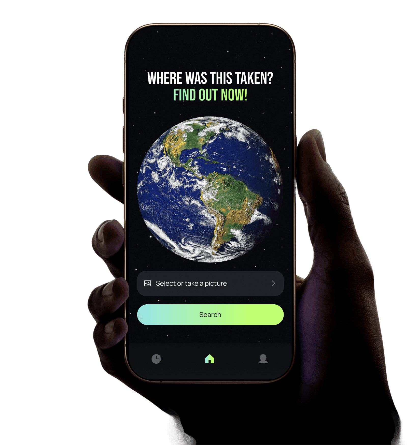 Hand holding phone with earth